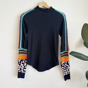 Free People Switch It Up Thermal Shirt Small Crochet Patchwork Boho Waffle Knit